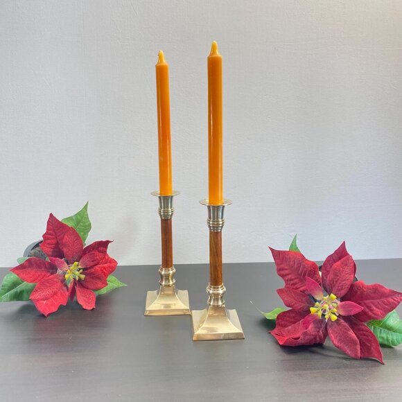 Set of 2 Candlestick Holders, Brass and Wood, Taper Candle Holder with Candles, - Picture 10 of 10